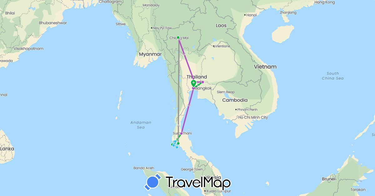 TravelMap itinerary: driving, bus, plane, train, boat in Thailand (Asia)